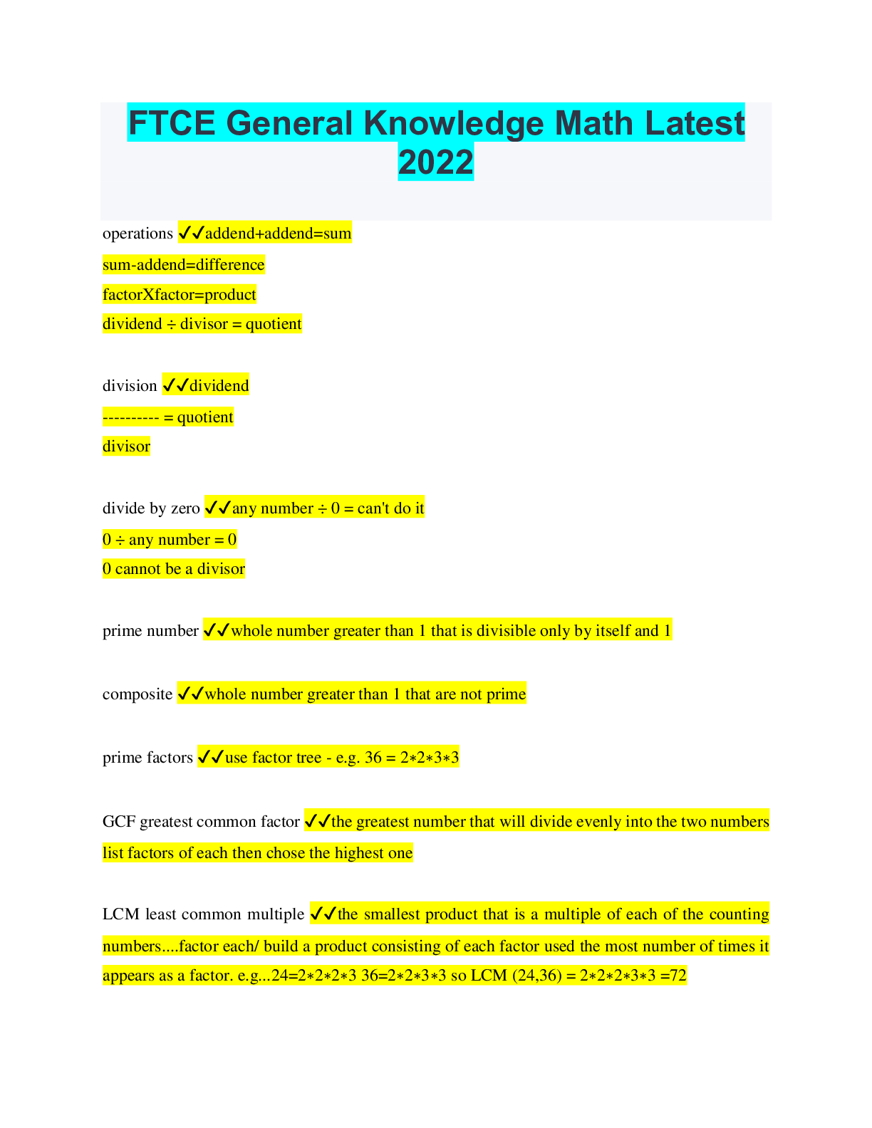 Preview image of FTCE General Knowledge Math Latest document